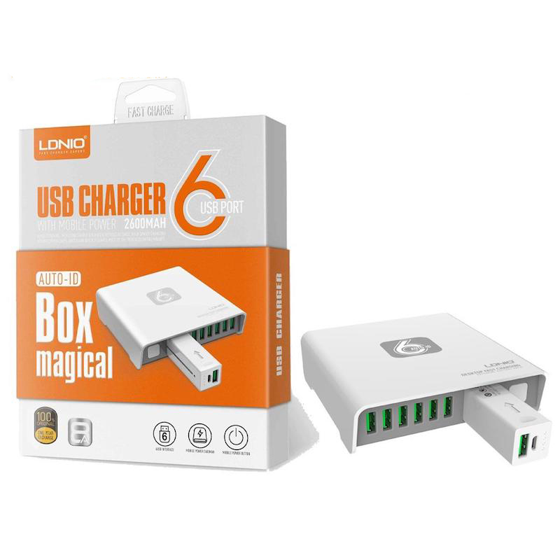 Picture of LDNIO BOX MAGICAL A6802 8A AUTO-ID 6 USB PORT WITH FREE Powerbank EXTERNAL BATTERY PACK 2600