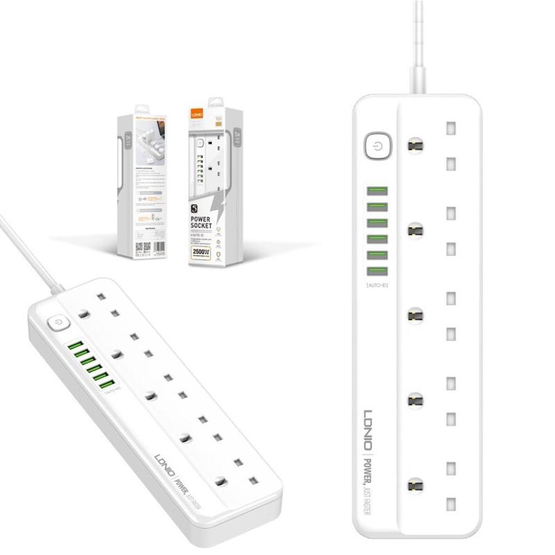 Picture of LDNIO SC5614 DEFENDER SERIES Power Strip Surge Protector with 5 AC Outlets and 6 USB Charging Ports 2M Long Extension Cord For Home and Office White