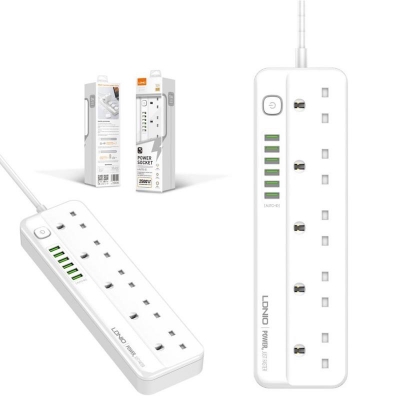 Picture of LDNIO SC5614 DEFENDER SERIES Power Strip Surge Protector with 5 AC Outlets and 6 USB Charging Ports 2M Long Extension Cord For Home and Office White