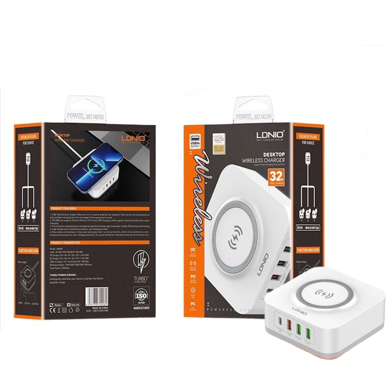 Picture of LDNIO AW004 Desktop Charging Station with 15W Wireless and 30W PD and 18W QC Charger 4 USB Port QC3.0+PD 30W Fast Charger For Mobile Phone Wireless Charge For Galaxy S22 Ultra S21 Ultra For iPhone 14 Pro Max 13 Pro Max 12 Pro