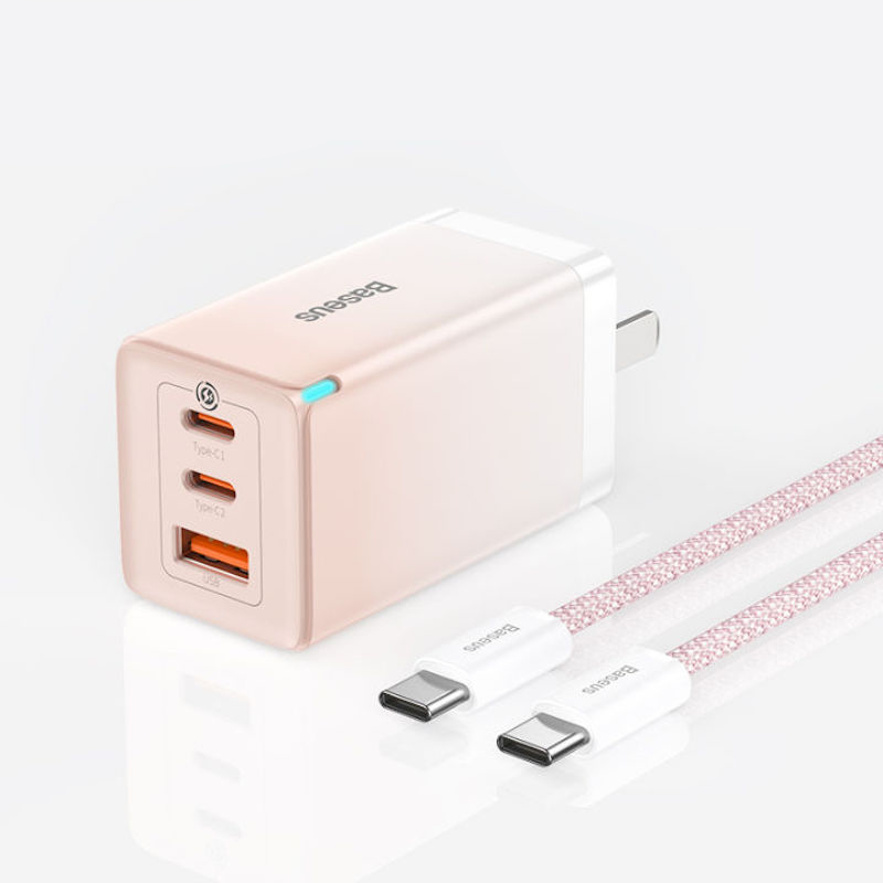 Picture of Baseus Gan3 Pro Fast Charger 3 Port 2 Type-C and 1 USB Port 65W GaN CN Plug Adapter with Dynamic Series Type-C to Type-C 100W Fast Charging Cable 1M