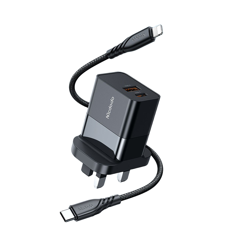Picture of MCDODO CH-1302 Charger Cable Set 20W PD + Quick Charge Dual USB A Type C UK Plug Charger with Type-C To Lightning Cable