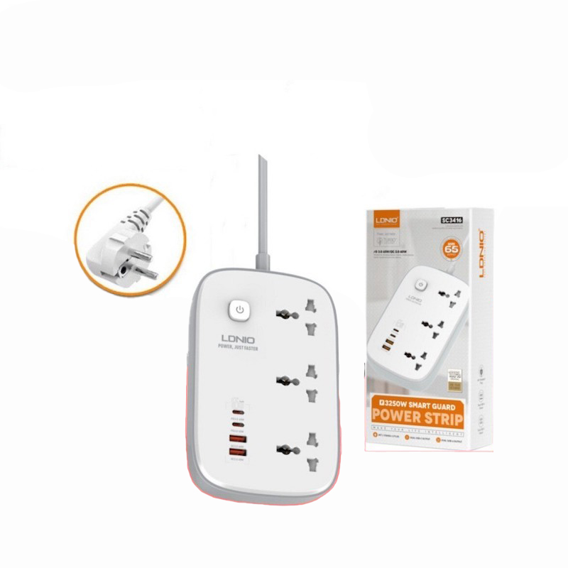 Picture of LDNIO SC3416 Universal Electrical Cord Strip 3 Outlets 65W 4 GaN USB Port Multi Power Strip Plug Boar Extension Socket 60 Watt 2 USB Port 65 Watt Type C PD Port