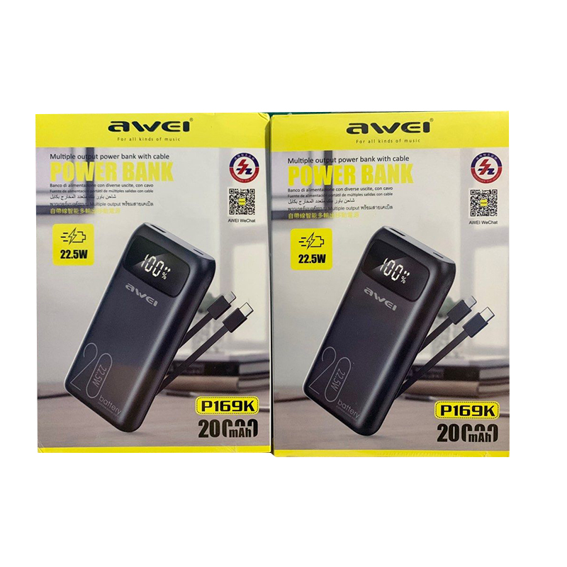 Picture of Awei P169K Portable Power Bank 20,000mAh With Cable PD22.5W External Spare Battery Outdoor Powerbank for iOS&Android mobile phone