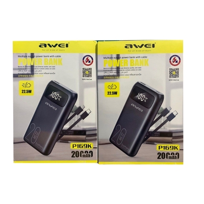 Picture of Awei P169K Portable Power Bank 20,000mAh With Cable PD22.5W External Spare Battery Outdoor Powerbank for iOS&Android mobile phone