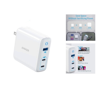 Picture of Anker PowerPort III 3-Port 65W Elite Charger (A2034) White For iPad MacBook iPhone Google Pixel LG Laptop