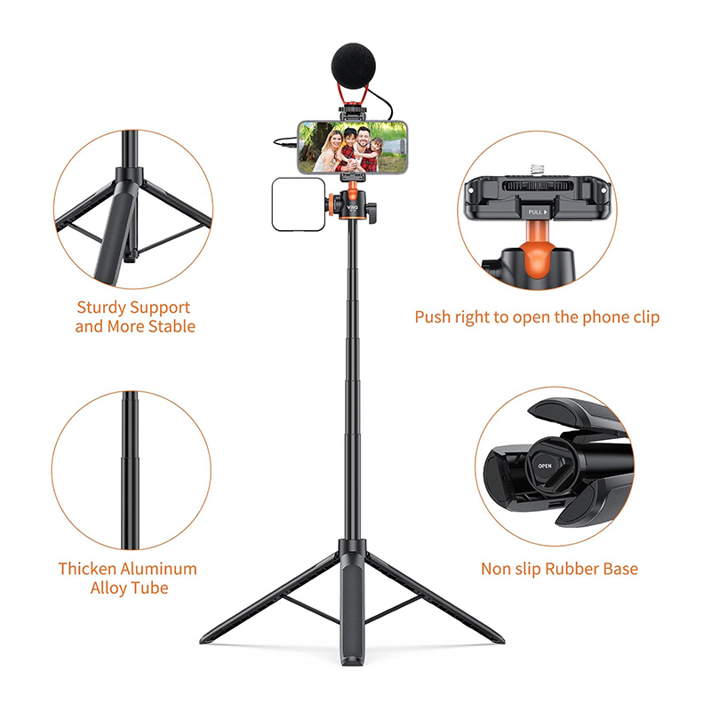 Picture of VRIG TP-16 Extendable Phone Tripod, 57.1 Inch Camera Tripod, 2 in 1 iPhone Tripod, 360 Degree Rotation, Compact Lightweight, Three Legs Camera/Camera Tripod
