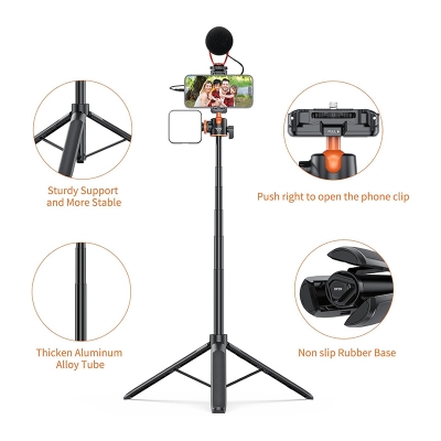 Picture of VRIG TP-16 Extendable Phone Tripod, 57.1 Inch Camera Tripod, 2 in 1 iPhone Tripod, 360 Degree Rotation, Compact Lightweight, Three Legs Camera/Camera Tripod