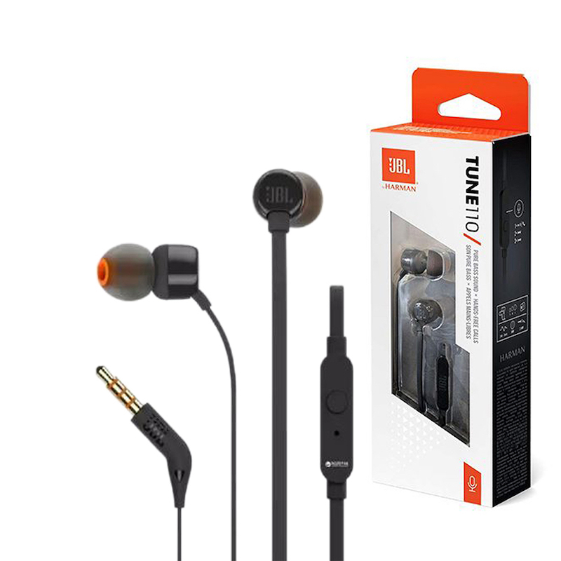 Picture of JBL Tune 110 Wired In-Ear Headphones Deep And Powerful Pure Bass Sound 1 Button Remote / Mic Tangle-Free Flat Cable Ultra Comfortable Fit Black JBL T110