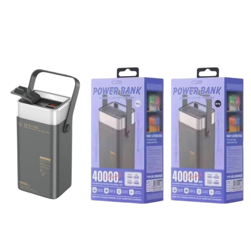 Picture of REMAX RPP-596 Powerbank 40,000mAh Portable Power Bank Battery with 20W and 22.5W Fast Charging with RGB LED Lighting Gray