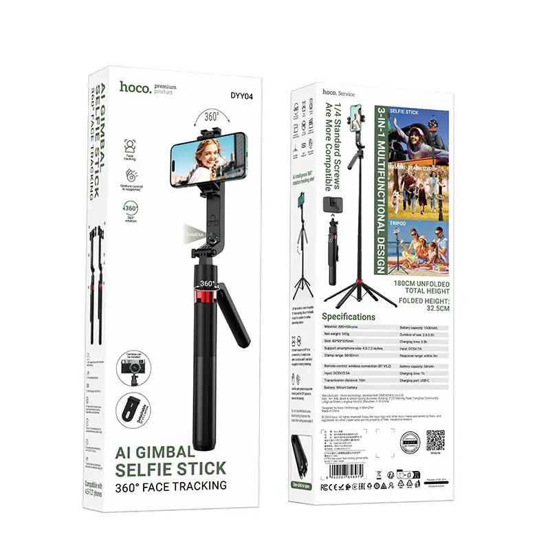 Picture of Hoco DYY04 Intelligent Face Tracking Selfie Stick 360 Degree Rotation Ai Gimbal Stabilizer with Remote Shutter Wireless Bluetooth Selfie Stick Tripod for Live Streaming
