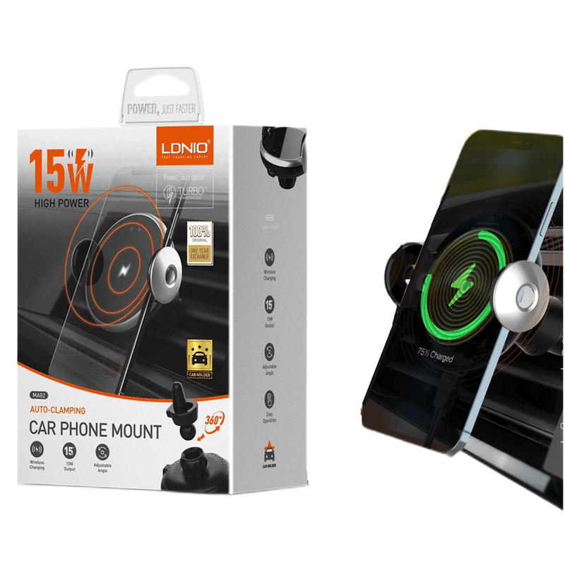 Picture of LDNIO MA02 Car Phone Mount 15W Wireless Charger Mount Fast Charging Adjustable Phone Holder with Type-C Stand for Vehicles iPhone 17 Pro Max 16 Pro Max 15 Pro Max 14 Pro Max 13 Pro Max 12 Pro Samsung Galaxy S25 Ultra S24 S23 S22 S21 Note 10 Plus 20 Ultra