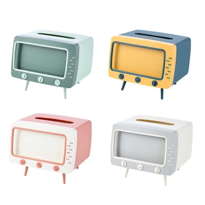 Picture of Retro TV Shape Tissue Box Cover Cute and Practical Cell Phone Holder Tampon Holder for Bathroom Kitchen Bedroom Dressers Desks and Tables Night Stands Creative Gift Tissue Box Holder TV Shape Pink Blue Green White
