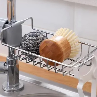 Picture of Faucet Sink Rack Rag Drain Storage Rack Household Kitchen Toilet Bathroom Organizer Punch Free Sink Storage Rack Stainless Steel Drain Rack Sponge Soap Cloth Storage Holder Shelf