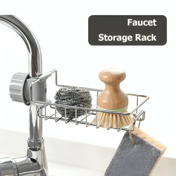 Picture of Faucet Sink Rack Rag Drain Storage Rack Household Kitchen Toilet Bathroom Organizer Punch Free Sink Storage Rack Stainless Steel Drain Rack Sponge Soap Cloth Storage Holder Shelf