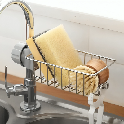 Picture of Faucet Sink Rack Rag Drain Storage Rack Household Kitchen Toilet Bathroom Organizer Punch Free Sink Storage Rack Stainless Steel Drain Rack Sponge Soap Cloth Storage Holder Shelf
