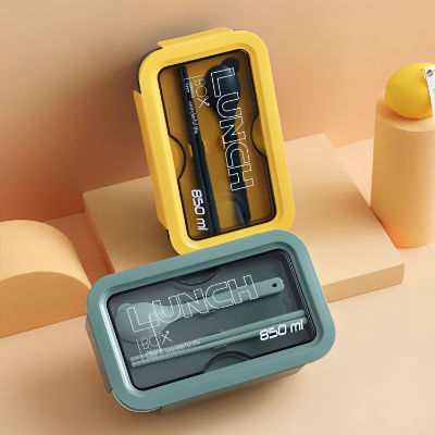 Picture of 850 Ml Leakproof Tiffin Box Free Spoon Chopsticks 2 Compartment Lunch Box Lite Weight Container For School Office-Yellow/Green