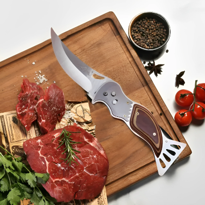 Picture of Wooden&Black Outdoor pocket fol--ding k--nife, self-de-fense survival k---nife, self-defe-nse sur-vival k---nife, multi-fu-nctional -hard Travel-Fruit Vegetable -(with Carabiner Hook)