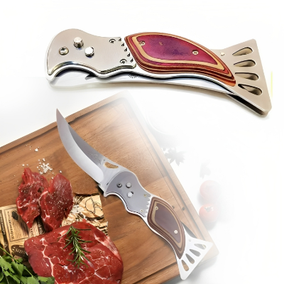 Picture of Wooden&Black Outdoor pocket fol--ding k--nife, self-de-fense survival k---nife, self-defe-nse sur-vival k---nife, multi-fu-nctional -hard Travel-Fruit Vegetable -(with Carabiner Hook)