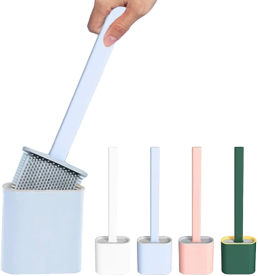 Picture of Toilet cleaning brush Water leak proof with silicone base toilet flat head flexible soft with quick drying holder set