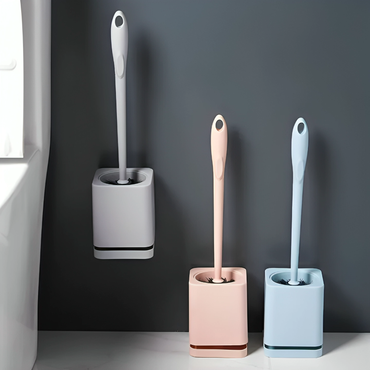 Picture of Toilet cleaning brush Water leak proof with silicone base toilet flat head flexible soft with quick drying holder set