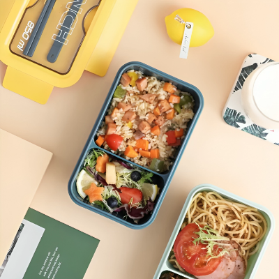 Picture of 850 Ml Leakproof Tiffin Box Free Spoon Chopsticks 2 Compartment Lunch Box Lite Weight Container For School Office-Yellow/Green