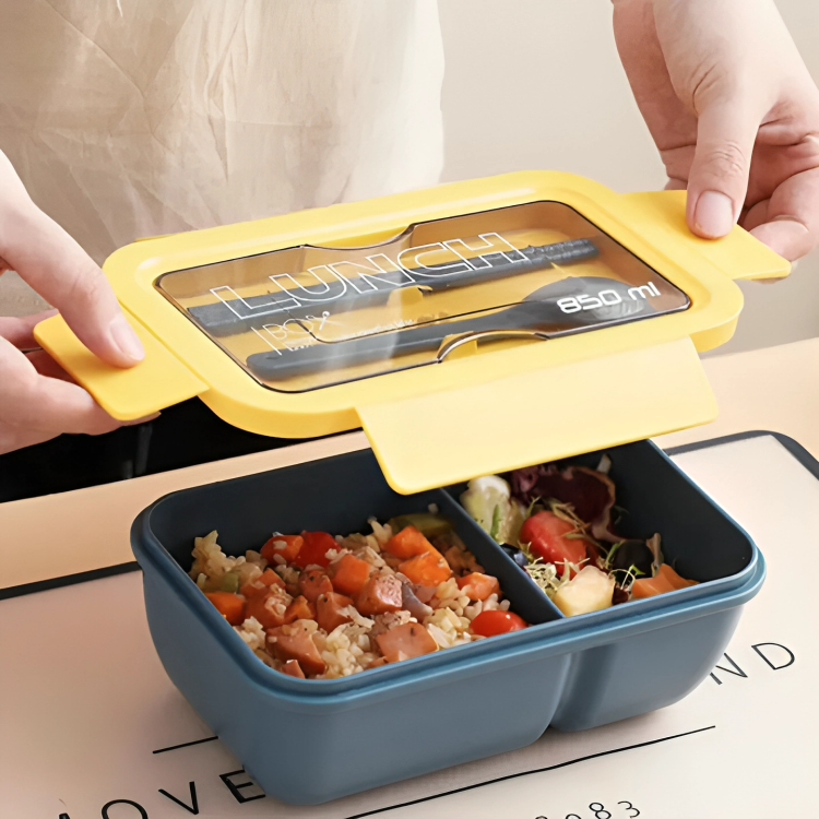 Picture of 850 Ml Leakproof Tiffin Box Free Spoon Chopsticks 2 Compartment Lunch Box Lite Weight Container For School Office-Yellow/Green