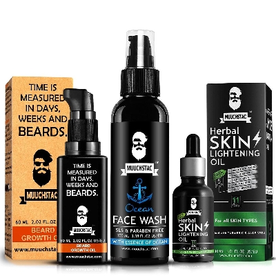 Picture of Muuchstac Face Care Kit - Ayurvedic Beard Growth Oil (60 ml) + Skin Lightening Oil (30 ml) + Ocean Face Wash (100 ml)