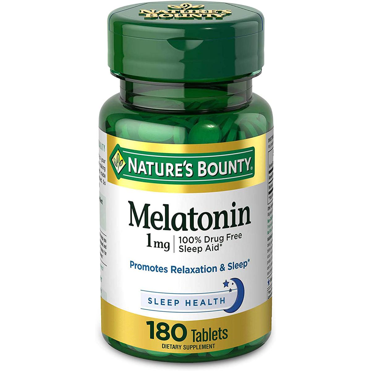 Picture of Nature's Bounty Melatonin 100% Drug Free Sleep Aid Dietary Supplement, Promotes Relaxation and Sleep Health 1mg-180 Tablets