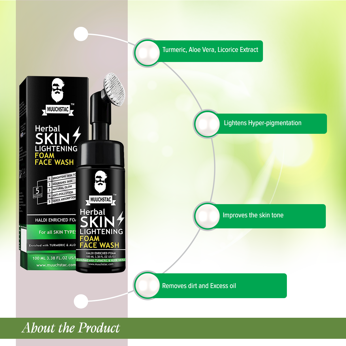 Picture of Muuchstac Herbal Skin Lightening Haldi Enriched Yellow Foam Face Wash For Men, With Haldi(Turmeric) & Aloe Vera Extracts For Skin Brightening And Nourishment-100 ML