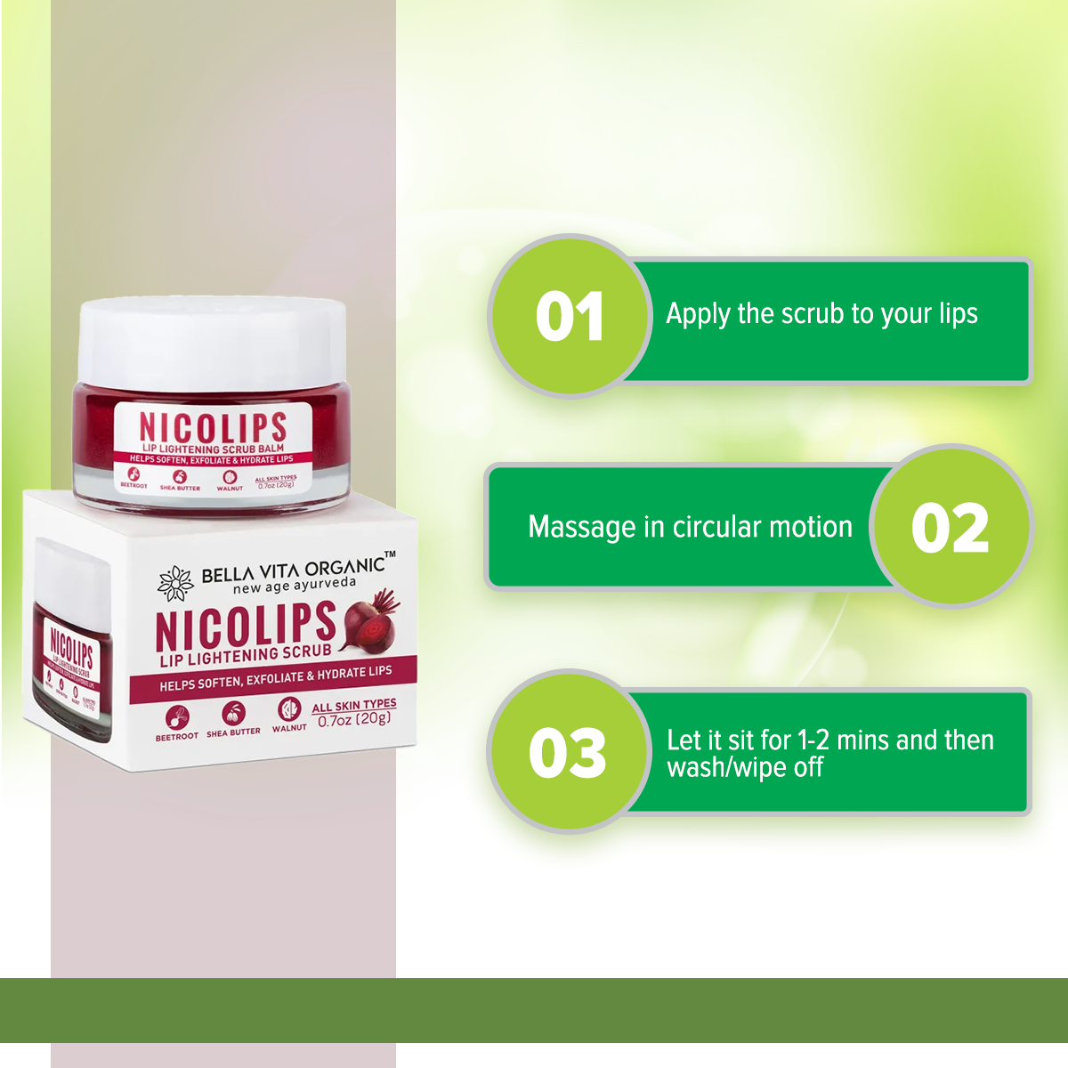 Picture of Bella Vita Organic NicoLips Lip Scrub Balm Brightening Dark Lips for Men and Women Dry Lips-20 gram