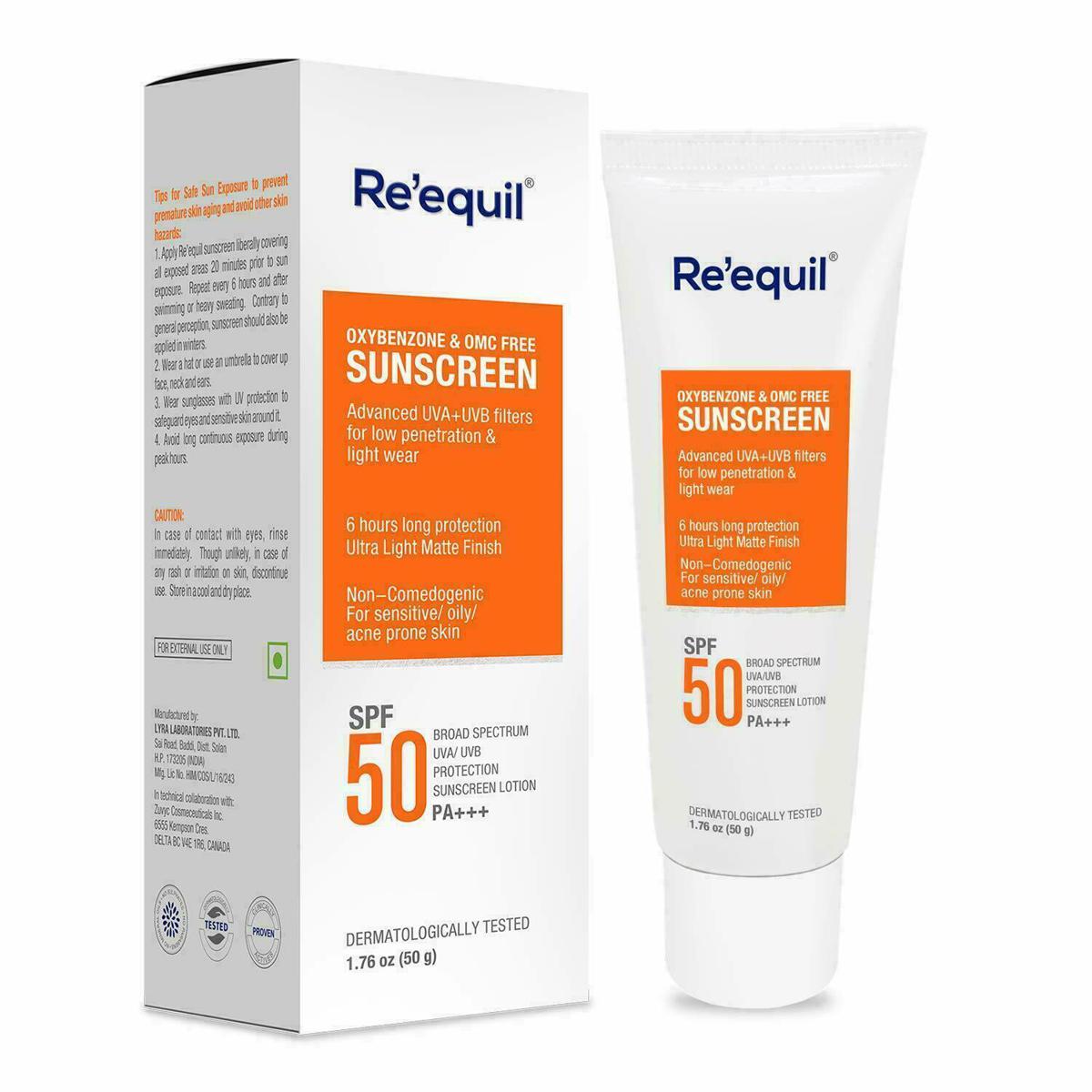 Picture of RE' EQUIL Oxybenzone and OMC Free Sunscreen For Oily Sensitive & Acne Prone Skin, SPF 50 PA+++ - 50g