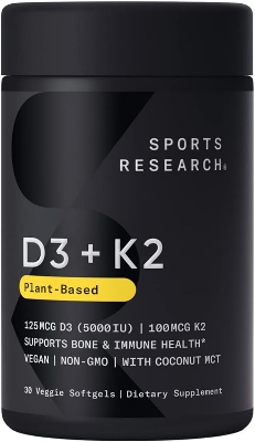 Picture of Sports Research Vitamin D3 + K2 with 5000iu of Plant-Based D3 & 100mcg of Vitamin K2 as MK-7 Non-GMO Verified & Vegan Certified,Softgel (30ct)