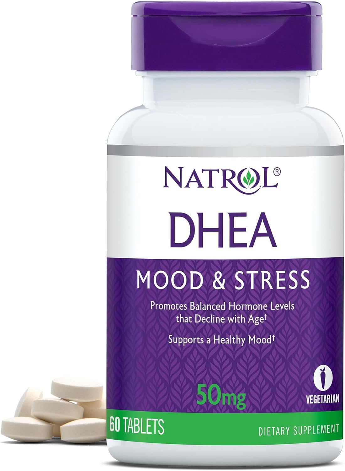 Picture of Natrol Mood & Stress DHEA 50mg with Calcium, Dietary Supplement for Balance of Certain Hormone Level and Mood Support, 60 Tablets