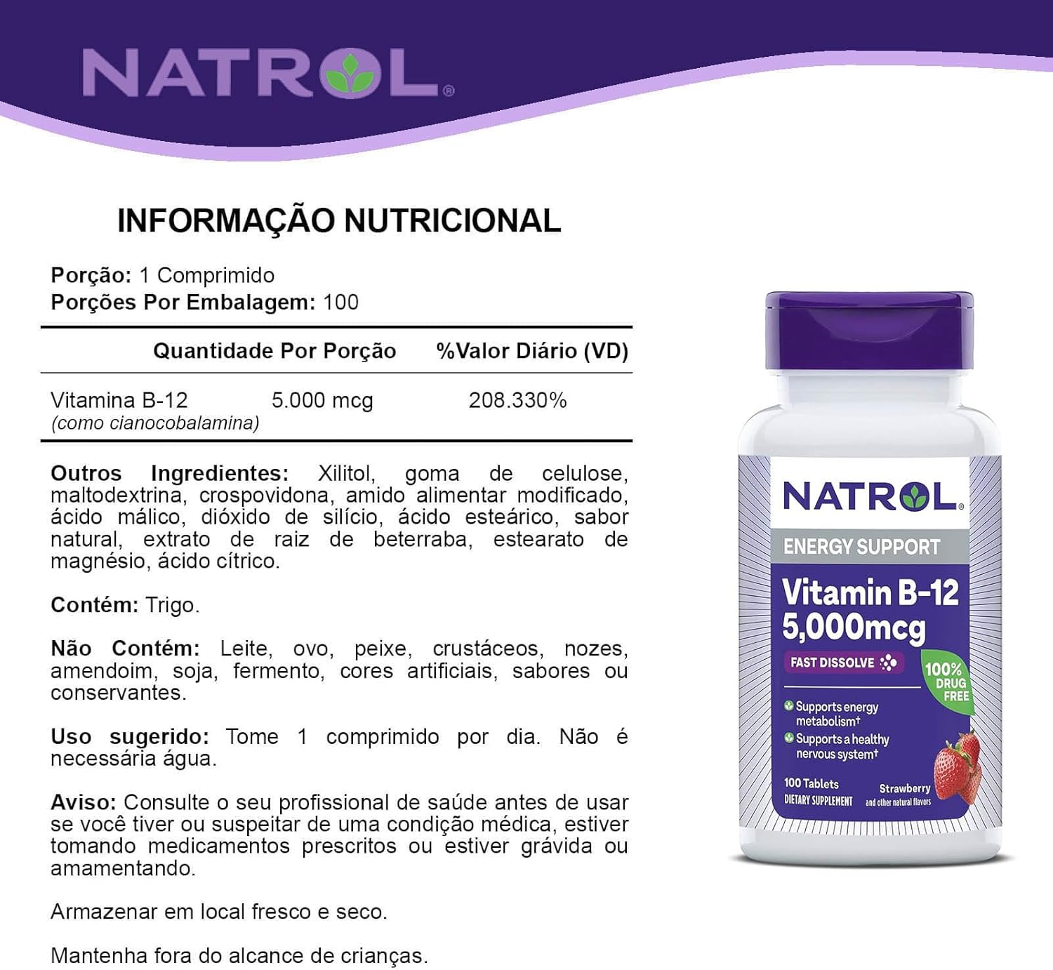 Picture of Natrol Vitamin B-12 5000mcg, Dietary Supplement for Energy and Healthy Nervous System Support, 100 Strawberry-Flavored Fast Dissolve Tablets
