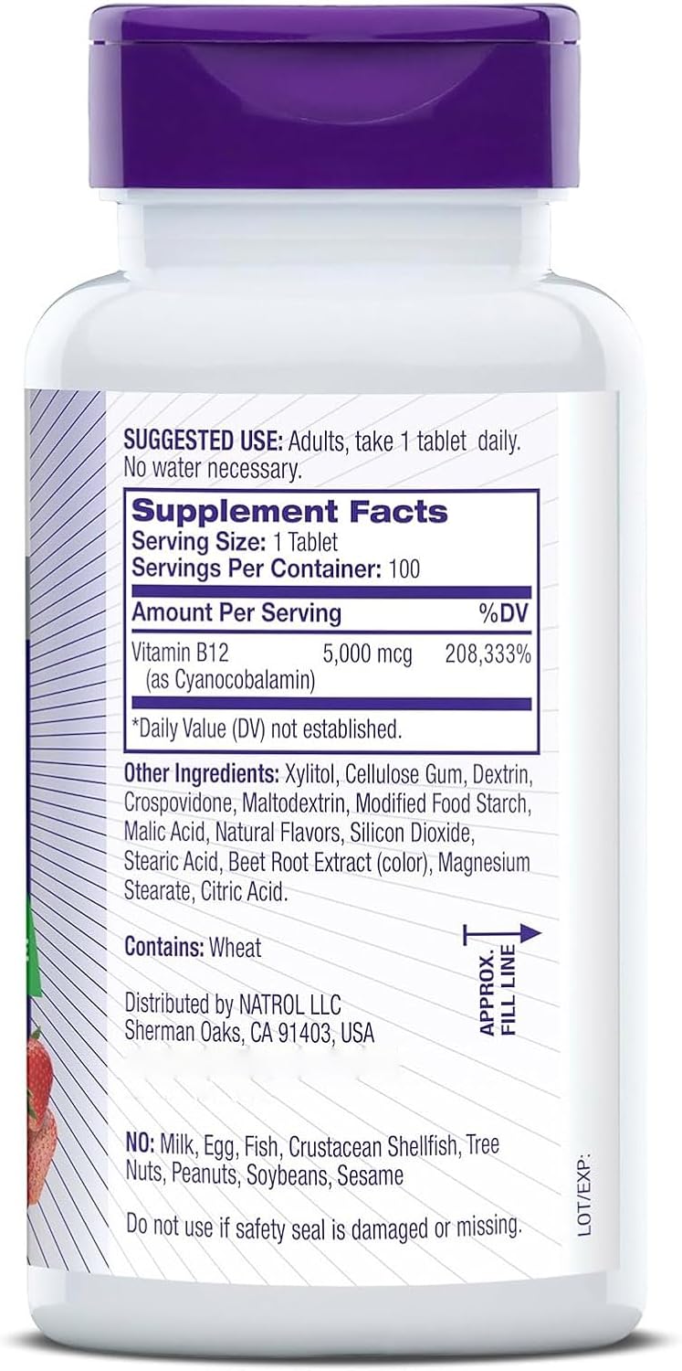 Picture of Natrol Vitamin B-12 5000mcg, Dietary Supplement for Energy and Healthy Nervous System Support, 100 Strawberry-Flavored Fast Dissolve Tablets