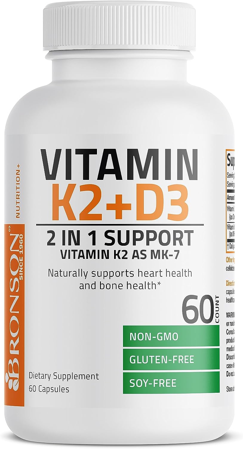 Picture of Bronson Vitamin K2 (MK7) with D3 Supplement Non-GMO Formula 5000 IU Vitamin D3 & 90 mcg Vitamin K2 MK-7 Easy to Swallow Vitamin D & K Complex, 60 Capsules