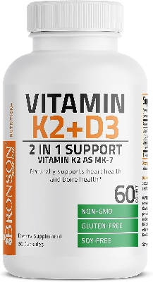 Picture of Bronson Vitamin K2 (MK7) with D3 Supplement Non-GMO Formula 5000 IU Vitamin D3 & 90 mcg Vitamin K2 MK-7 Easy to Swallow Vitamin D & K Complex, 60 Capsules