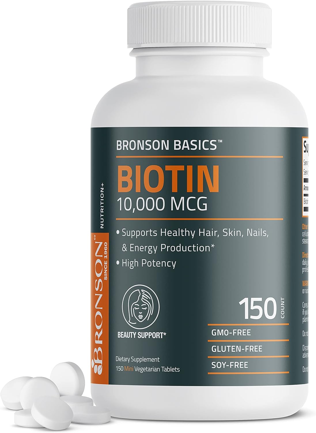 Picture of Bronson Biotin 10,000 MCG Supports Healthy Hair, Skin & Nails & Energy Production - High Potency Beauty Support - Non-GMO, 150 Vegetarian Tablets
