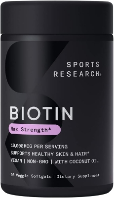 Picture of Sports Research Vegan Biotin 10,000mcg with Organic Coconut Oil - Max Strength Biotin Vitamin B7 for Healthier Hair & Skin and Keratin Support - Non-GMO & Gluten Free, 30 Softgels
