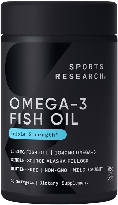 Picture of Sports Research Triple Strength Omega 3 Fish Oil 1250mg from Wild Alaska Pollock - Burpless Fish Oil Supplement with Omega3s EPA & DHA - Sustainably Sourced, Non-GMO, Gluten Free - 30 Softgels