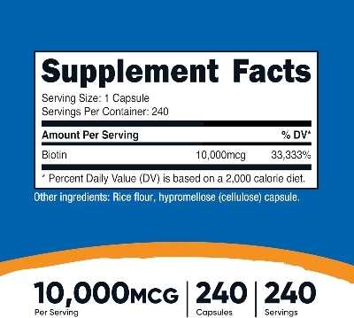 Picture of Nutricost Biotin (Vitamin B7) 10,000mcg (10mg) Vitamin Supplement, 240 Capsules - Vegetarian, Gluten Free, Quick Release, Non-GMO
