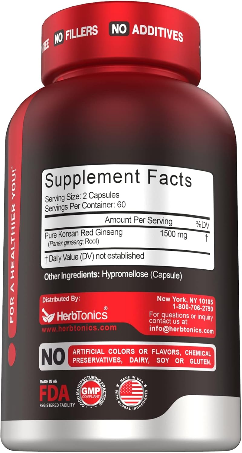 Picture of Herbtonics Korean Red Panax Ginseng 1500mg - High Potency Ginseng for Energy, Performance & Immune Support for Men & Women - Ginseng Root Extract Powder Supplement for Focus and Vitality -120 Capsules