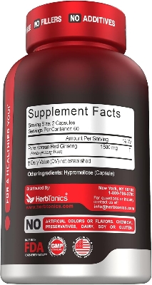 Picture of Herbtonics Korean Red Panax Ginseng 1500mg - High Potency Ginseng for Energy, Performance & Immune Support for Men & Women - Ginseng Root Extract Powder Supplement for Focus and Vitality -120 Capsules