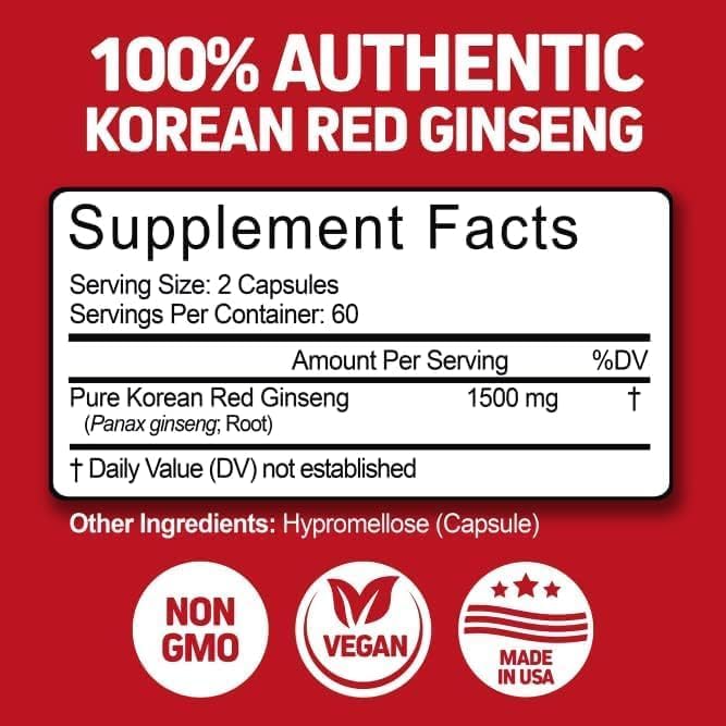 Picture of Herbtonics Korean Red Panax Ginseng 1500mg - High Potency Ginseng for Energy, Performance & Immune Support for Men & Women - Ginseng Root Extract Powder Supplement for Focus and Vitality -120 Capsules