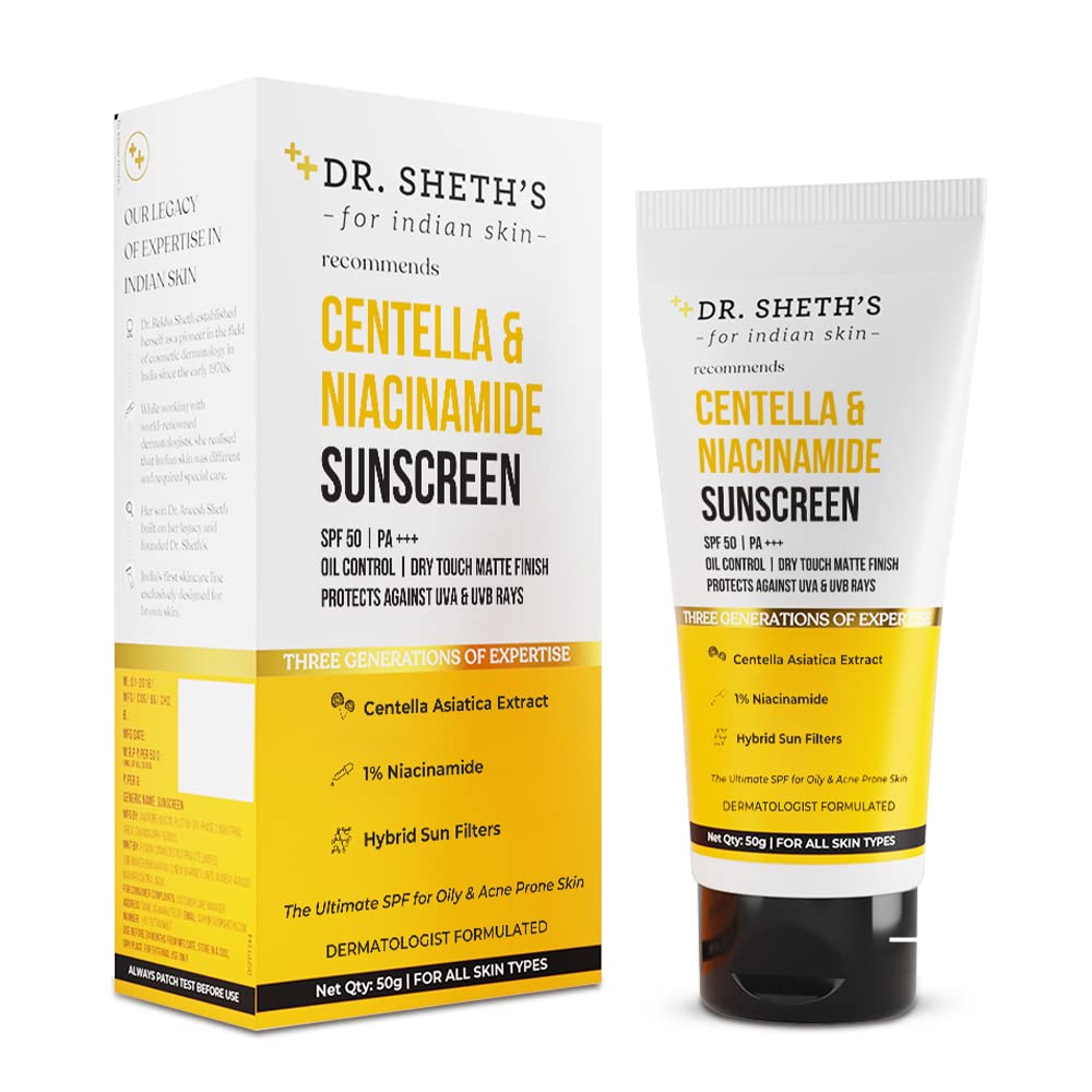 Picture of Dr. Sheth's Centella & Niacinamide Sunscreen Spf 50 Pa+++ For Oily & Acne-Prone Skin, Sweatproof, Water-Resistant, Dry Touch, Matte Controls Excess Oil, Protects Against Uva & Uvb Rays For Unisex, 50g