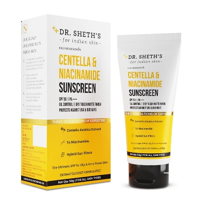 Picture of Dr. Sheth's Centella & Niacinamide Sunscreen Spf 50 Pa+++ For Oily & Acne-Prone Skin, Sweatproof, Water-Resistant, Dry Touch, Matte Controls Excess Oil, Protects Against Uva & Uvb Rays For Unisex, 50g