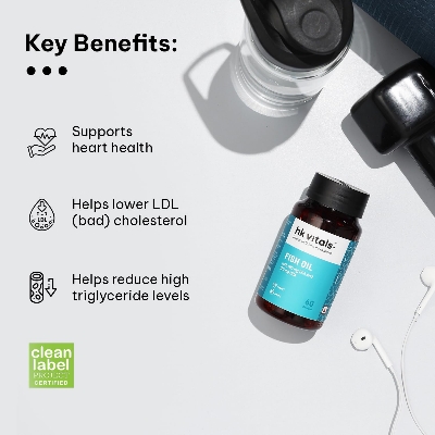 Picture of HealthKart FishOil Capsule For Men And Women, 60 Omega 3 Fish Oil Capsules (1000mg Omega 3 with 180 mg EPA & 120 mg DHA), for Brain, Heart, Eyes, and Joints Health