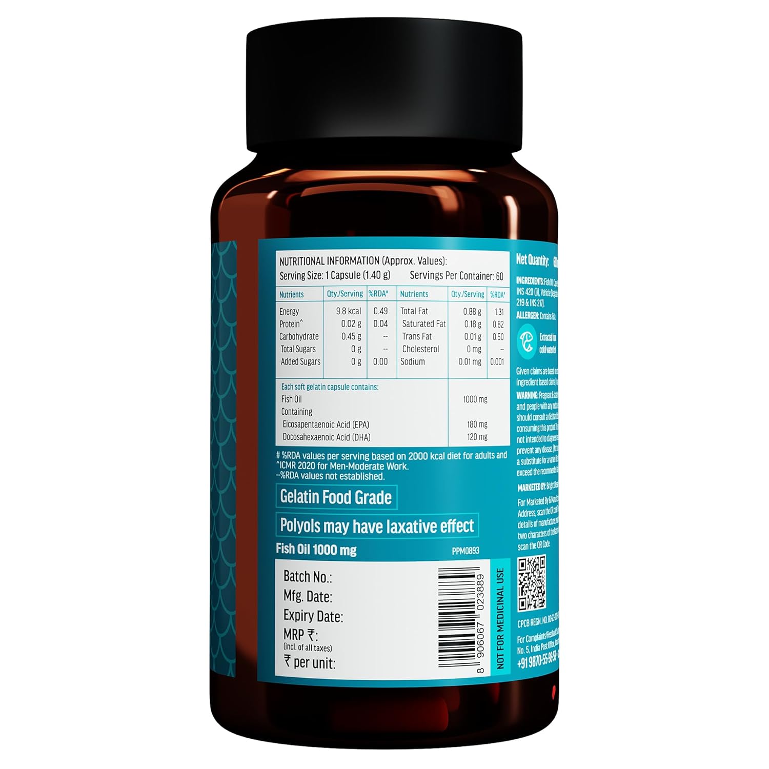 Picture of HealthKart FishOil Capsule For Men And Women, 60 Omega 3 Fish Oil Capsules (1000mg Omega 3 with 180 mg EPA & 120 mg DHA), for Brain, Heart, Eyes, and Joints Health