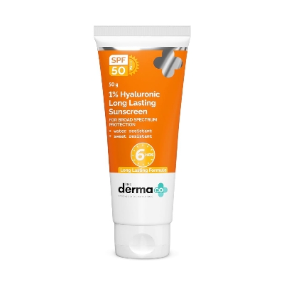 Picture of The Derma Co 1% Hyaluronic Long Lasting Sunscreen SPF 50 PA++++ with Hyaluronic Acid & Vitamin E for Broad Spectrum Protection- 50 g | 6 Hrs. Sun Protection | Water & Sweat Resistant | No Reapplication Needed